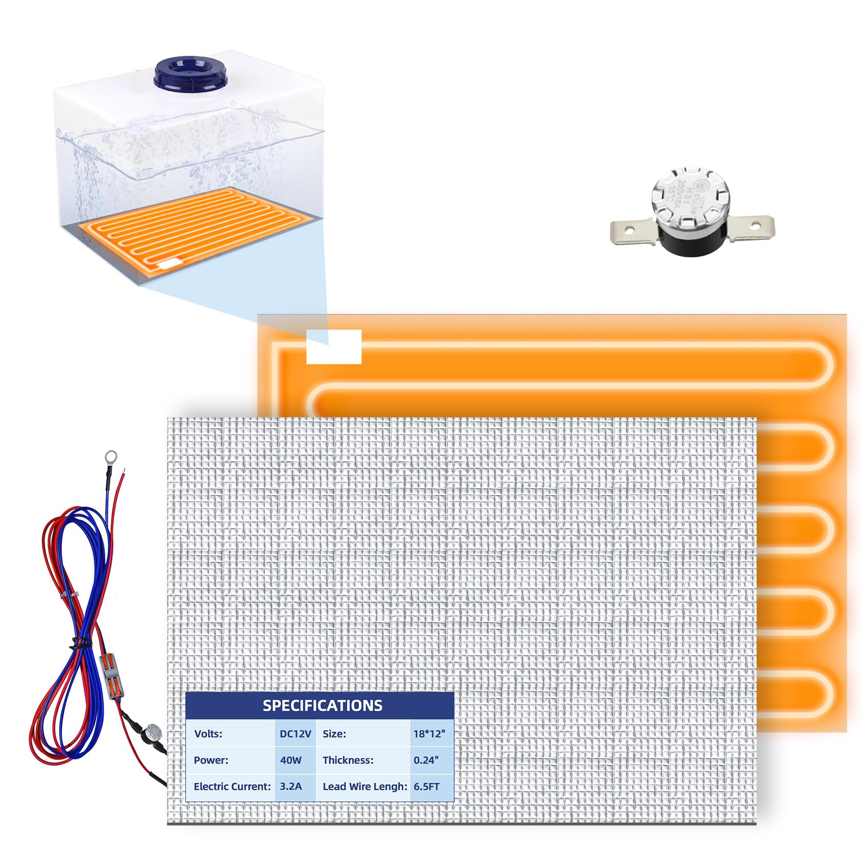 Photo 1 of 12V 13.5V RV Water Tank Heating Pad Battery Powered 18"x12" RV Holding Tank Heater Pad with Thermostat Up to 50 Gallons Fresh, Grey, Black Water Tank, for Camper, Trailer, Motorhome, Winterizing