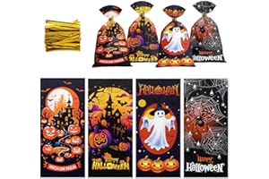 Fohil 200 Pcs Halloween Candy Bags, Halloween Treat Bags with Twist Ties, Halloween Goodie Bags for Cookie Snack Popcorn, Tri