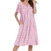 Ekouaer Nightgowns for Women Short Sleeve House Dress with Pockets Soft Moomoo Pleated Mumu Dresses V Neck Sleepwear