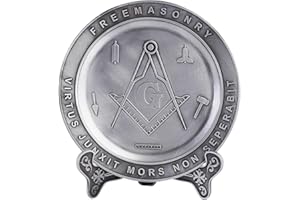 TRENDY ZONE 21 Masonic Pewter Plate with Brushed Nickel finish with Masonic logo imprinted on center of plate Rim of plate states "Freemasonry" with Display Stand Decoration Household Plates|5.5 x 5.5 x 0.25"