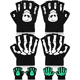 Bencailor 2 Pairs Halloween Glow in the Dark Fingerless Gloves Skeleton Knitted Skull Gloves Cosplay Costume Accessories