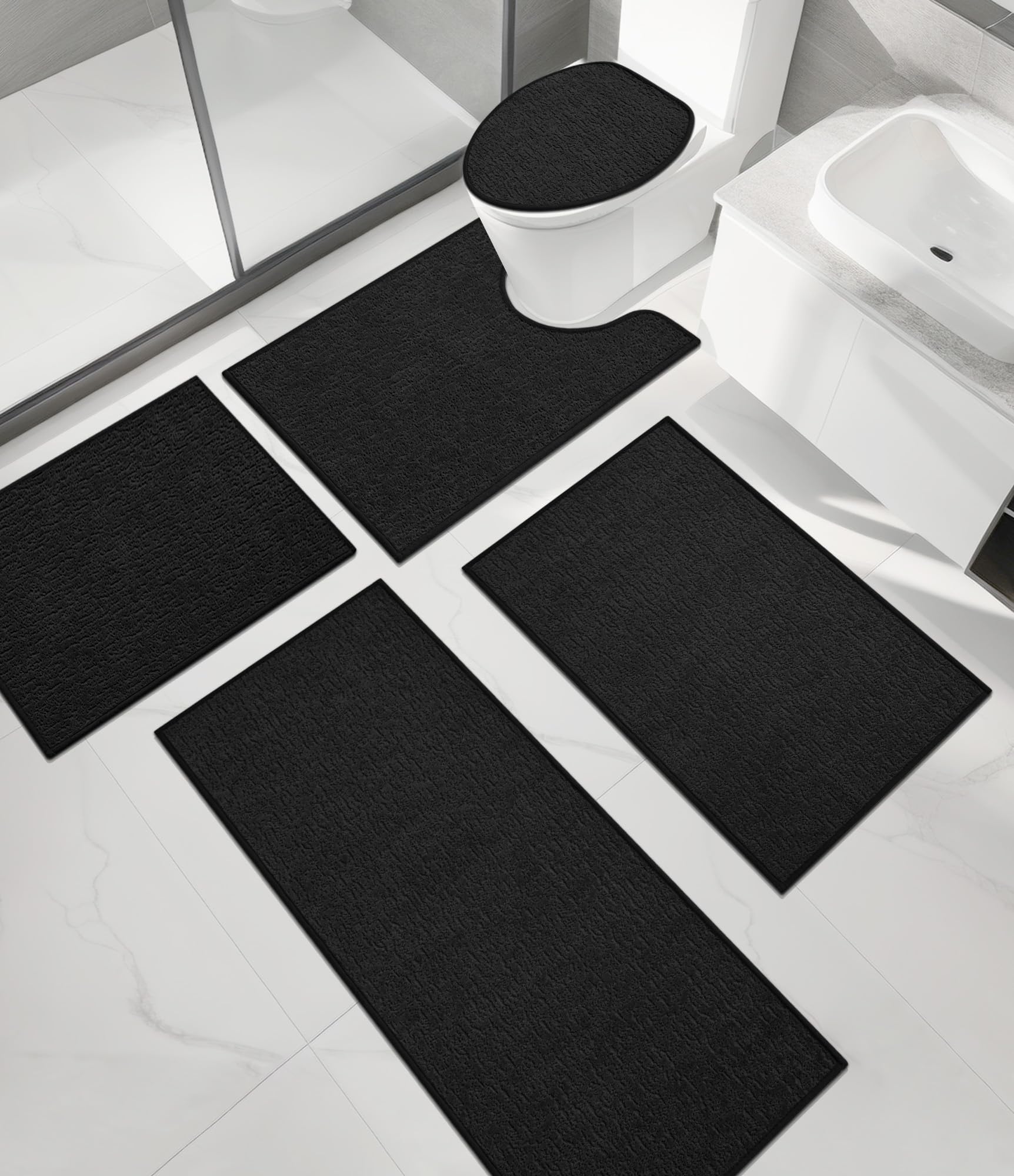 Photo 1 of chakme Bathroom Rug Sets 5 Piece, Ultra Thin Bath Mat Quick Dry Bath Mat, Absorbent Bath Mat for Bathroom Non Slip Machine Washable, (Black)