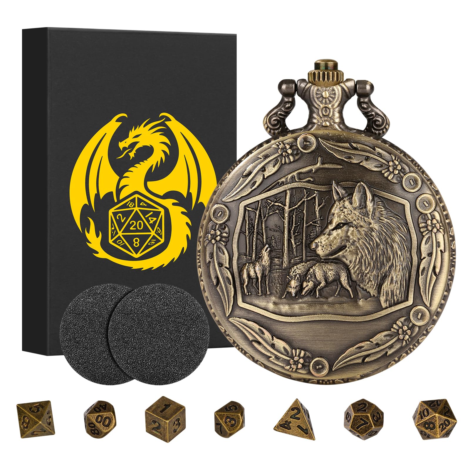Mini DND Dice Set with Steampunk Wolf Pocket Watch Shell Case, 7pcs Polyhedral Metal D&D Dice, DND Gifts with Gift Box, Role Playing Board Games Accessories