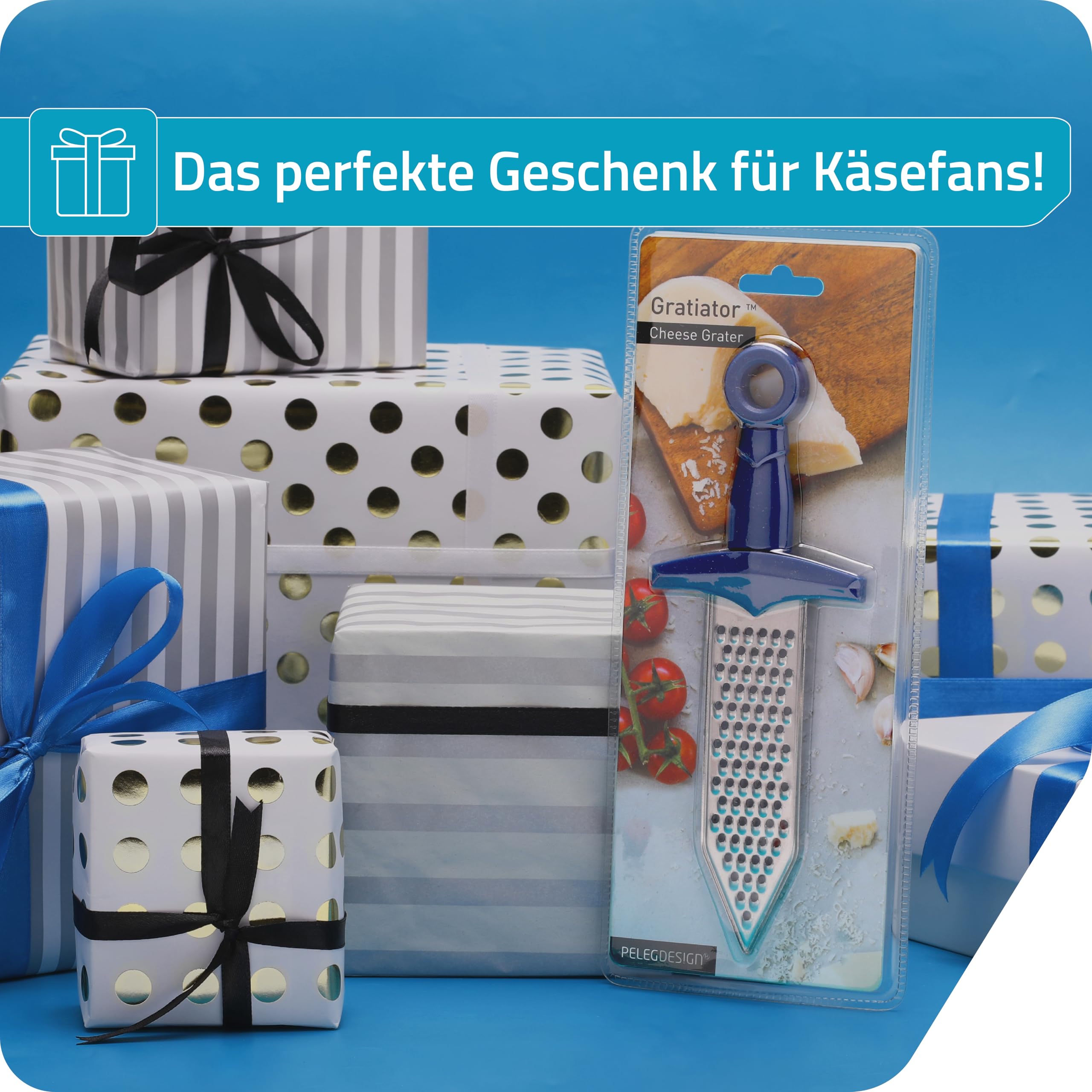 Peleg Design Gratiator – Kleine Käsereibe im Schwertdesign – Edelstahl Reibe für Parmesan, Muskatnuss, Ingwer und Gemüse – Zitronenreibe mit Zestenreißer und robustem Kunststoffgriff 5
