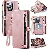 Defencase for iPhone 16 Pro Max Magnetic Wallet Case Compatible with Magsafe with RFID Blocking Zipper Strap Card Holder for Women PU Leather Detachable Case for iPhone 16 Pro Max (6.9"), Rose Pink