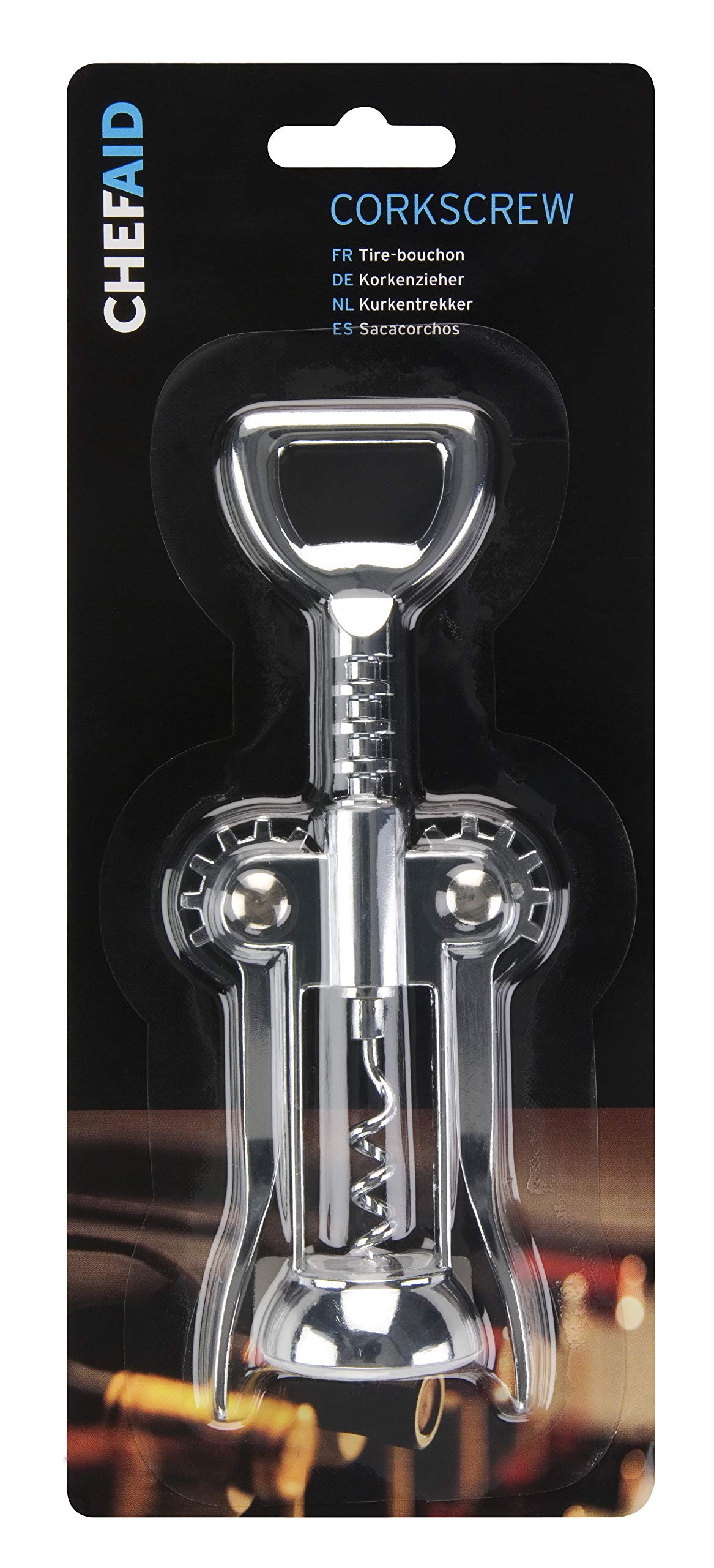 Chef Aid Chrome Plated Wing Corkscrew, Traditional design with Lever Arm and Worm, Perfect for opening Wine and Beer Bottles