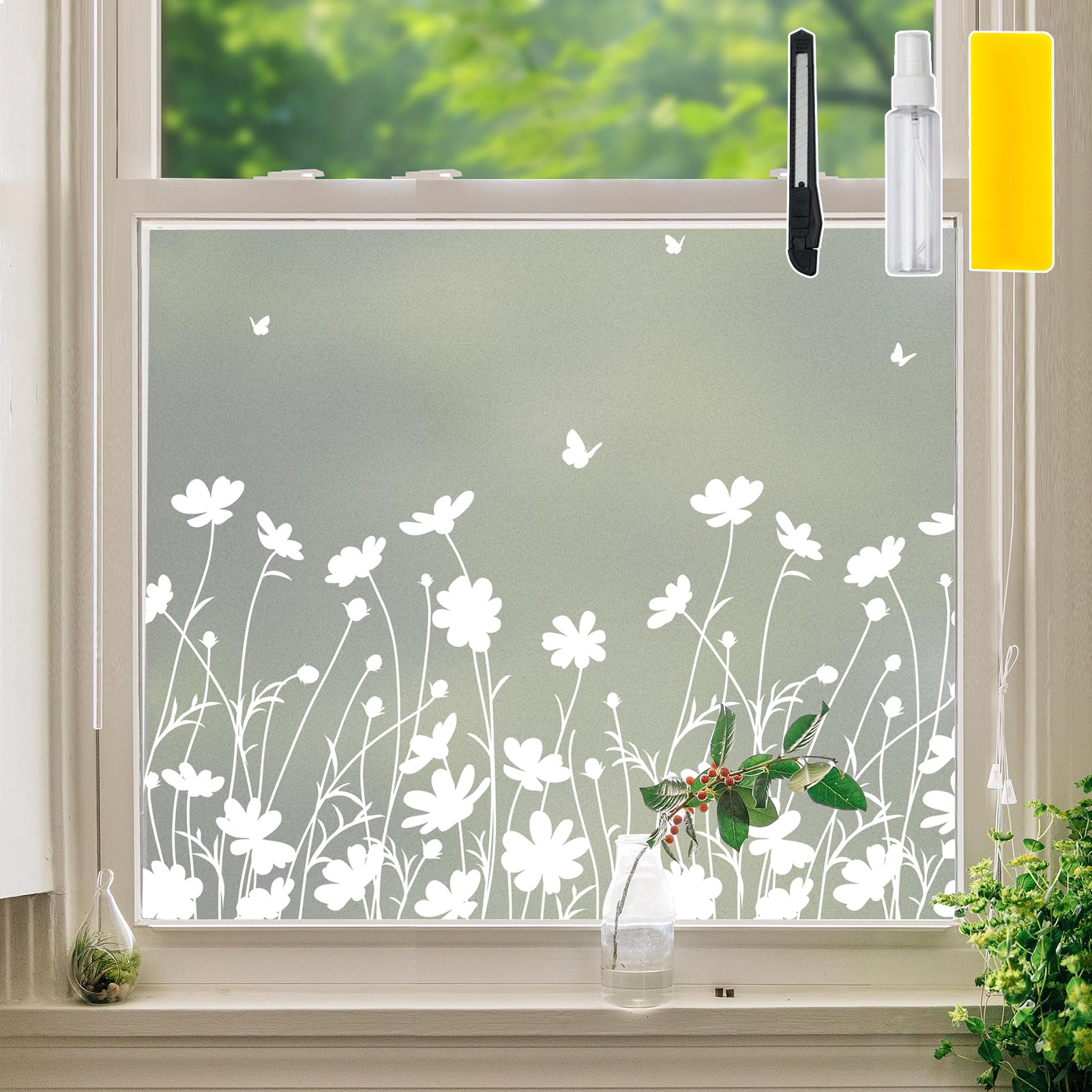 Photo 1 of DKTIE Window Privacy Film Flowers Pure White Pattern Stained Glass Window Film Decorative Frosted Glass Window Film Sun Blocking Heat Control Static Cling (A274, 17.5" x 78.7")