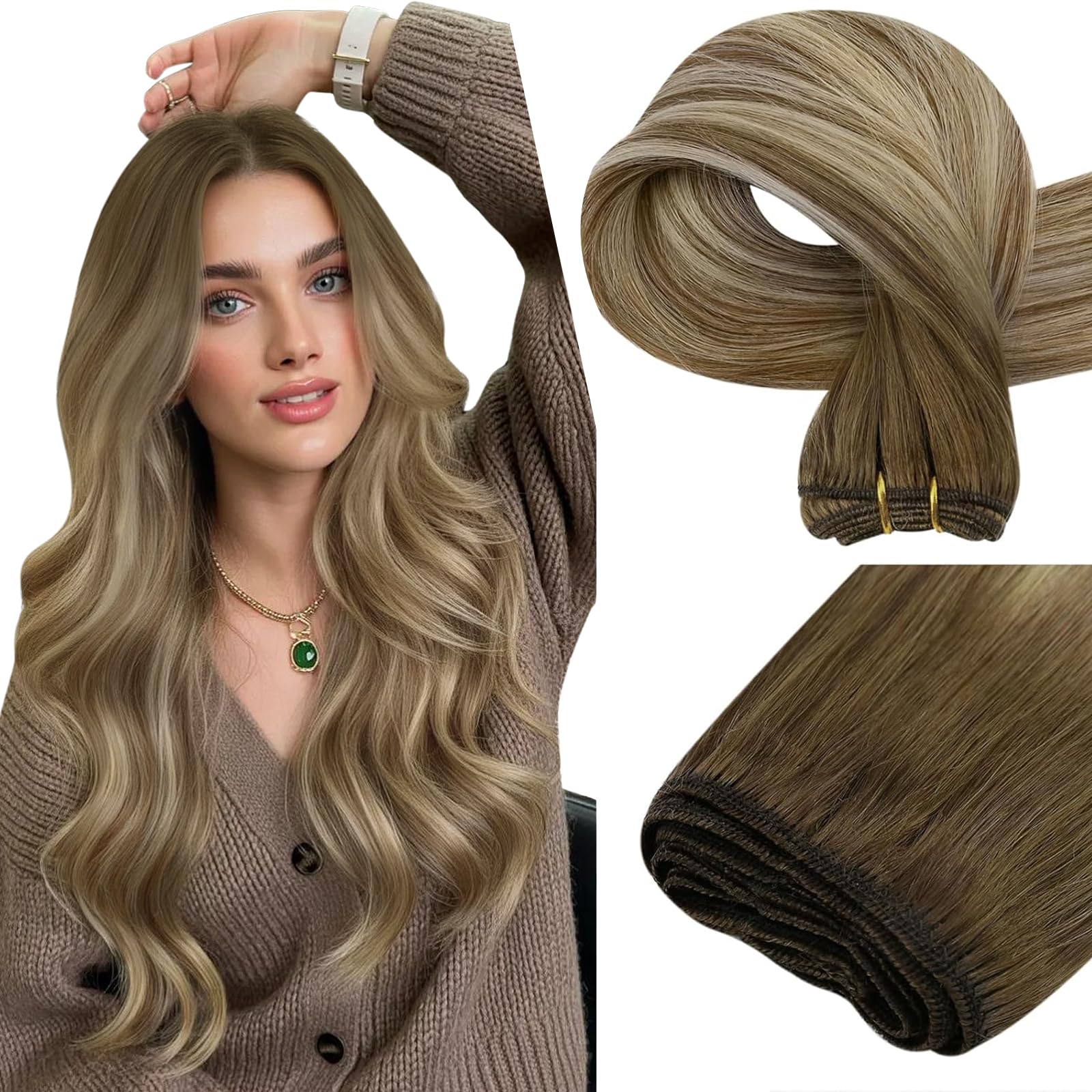 Easyouth Sew in Hair Extensions Real Human Hair Balayage Weft Hair Extensions Human Hair Dark Brown Ombre Light Brown with Blonde Human Hair Extensions Weft for Short Hair 12 Inch 70g