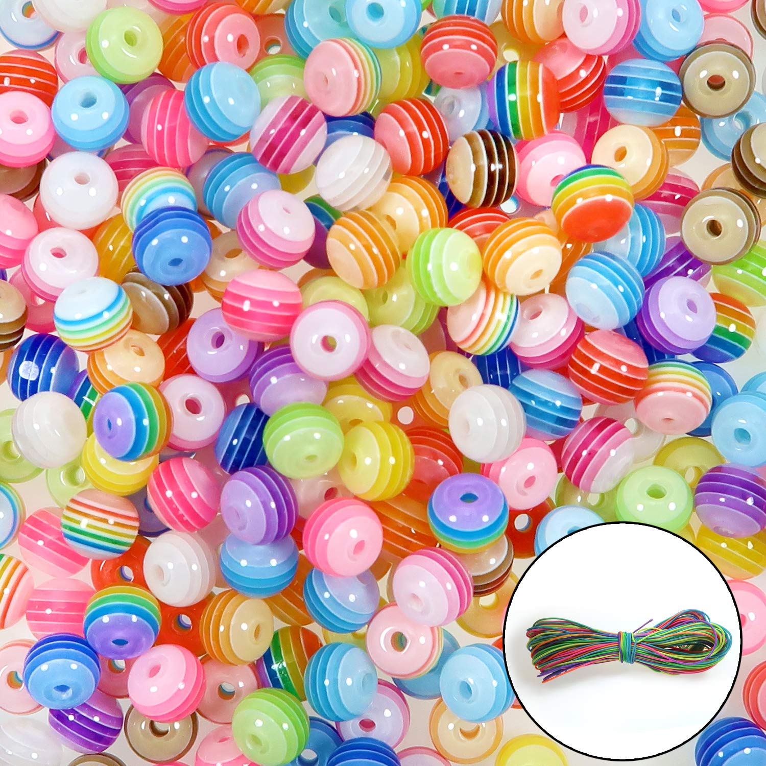 TOAOB 400pcs 8mm Acrylic Round Beads Stripe Colour Beads with 30m Rainbow Colour Elastic Cord for Handmade DIY Bracelets Necklace Jewelry Making