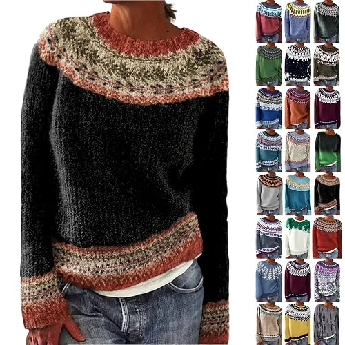 Fairisle Jumpers For Women Uk Slim Fit Icelandic Jumpers For Women Casual Long Sleeves Nordic Jumper Autumn Winter Cosy Warm Loose Crew Neck Tops Fashion Elegant Autumn Sweaters Pullover Sweaters