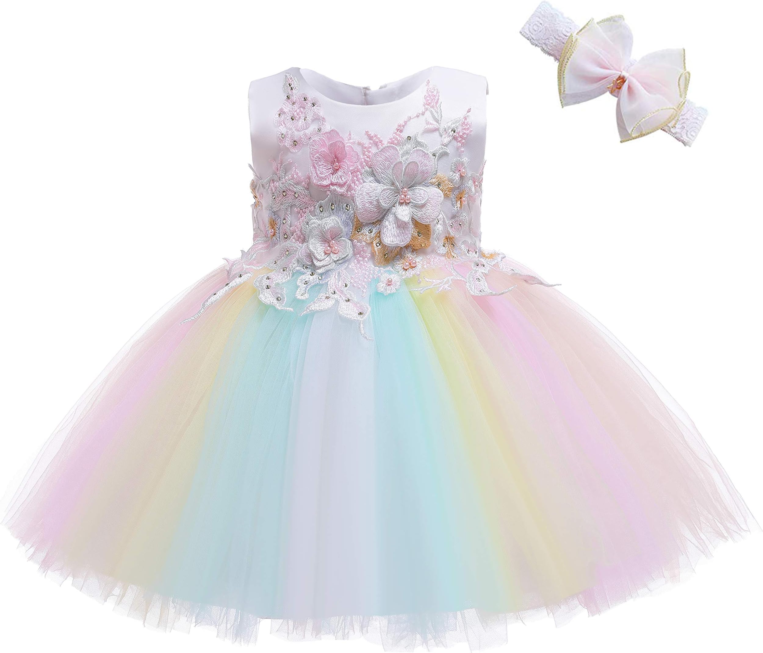 Weileenice Baby Girls Costume Cosplay Dress Rainbow Tulle 3D Embroidery Beading Princess Tutu Dresses