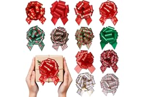 Yokodaza 12 Pcs Large Christmas Bows for Gift Wrapping, 5 inch Double-Sided Xmas Pull Bows Christmas Ribbon for Presents, Tree, Wine Bottles, Festive Decorations - Mix Colors