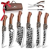 Purple Dragon Butcher Knife Set Tiger-Head, 8 PCS Japanese Chef Knife Set with Roll Bag, Meat Cleaver Boning Viking Knives, Sharp Kitchen Knives for Home, Outdoor, Camping BBQ Christmas Gift for Men