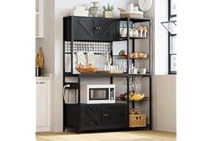 IRONCK Bakers Rack with 2 Storage Cabinets and Power Outlet, 45.3 Inch Industrial Coffee Bar Cabinet Shelves, Kitchen Microwave Stand with Storage, Vintage Black