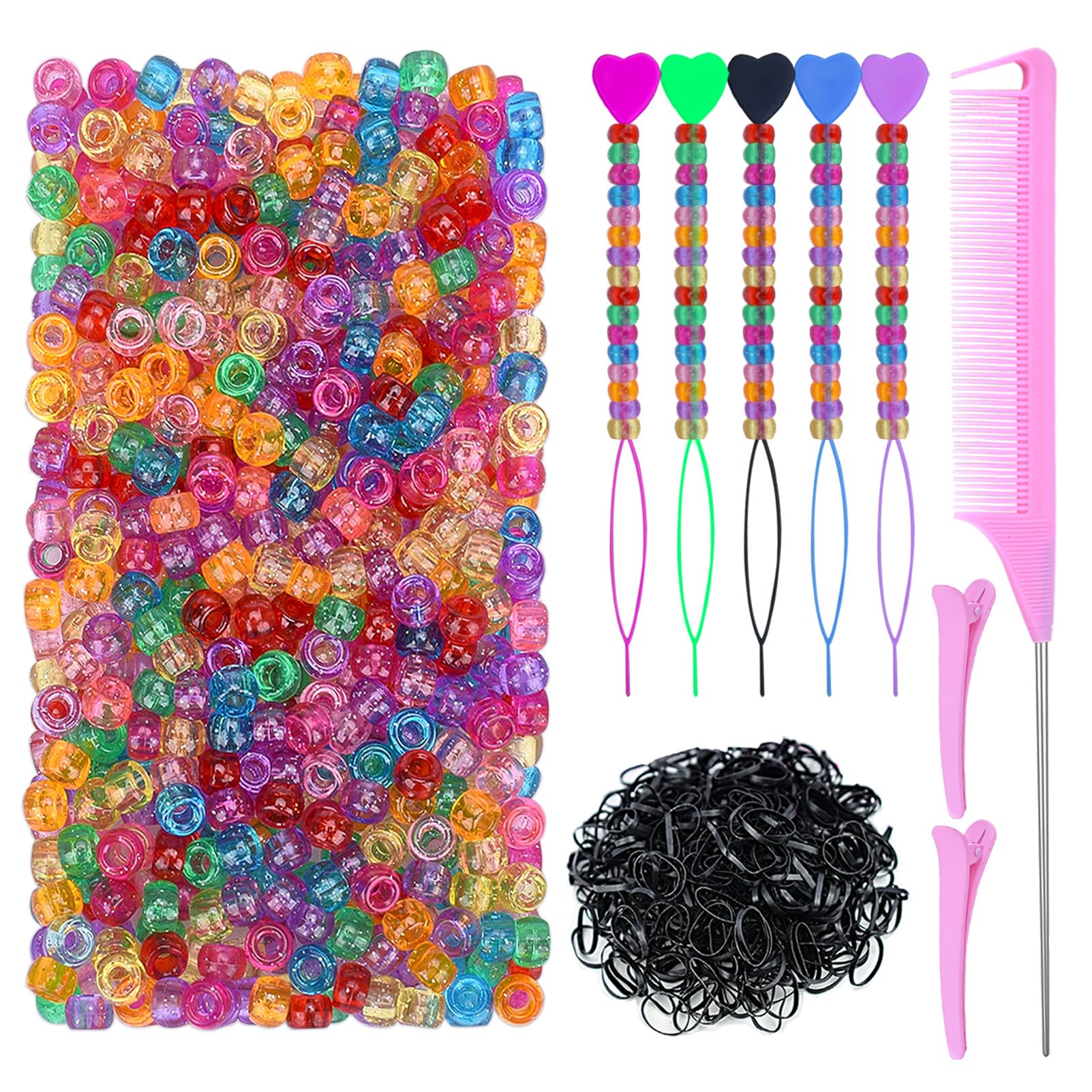 Photo 1 of 1008 Pcs Hair Beads Kit for Girls and Kids Hair Braids, 500Pcs 9x6mm Glitter Pony Beads, 500Pcs Mini Elastic Rubber Bands, 5Pcs Quick Beaders, 1Pcs Rattail Comb and 2Pcs Duckbill Clips