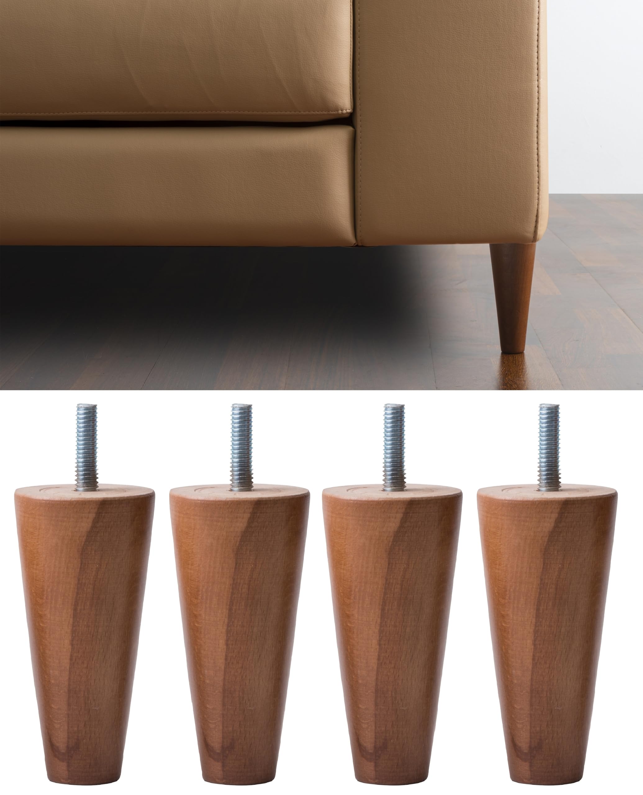IPEA 4 x Furniture Feet, Walnut, Height 14 cm, Made in Italy, Feet for Sofas, Cabinets, Tapered Legs Solid Wood for Armchairs