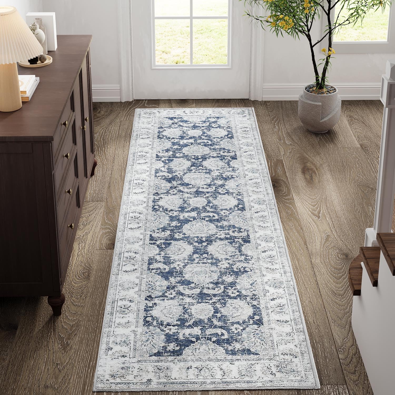 Photo 1 of jinchan Runner Rug 2x5 Machine Washable Hallway Rug Dark Blue Vintage Floral Print Non-Slip Low Pile Ultra-Thin for Kitchen,Entryway,Laundry Room,Bedroom,Farmhouse (2‘x5’,Dark Blue)