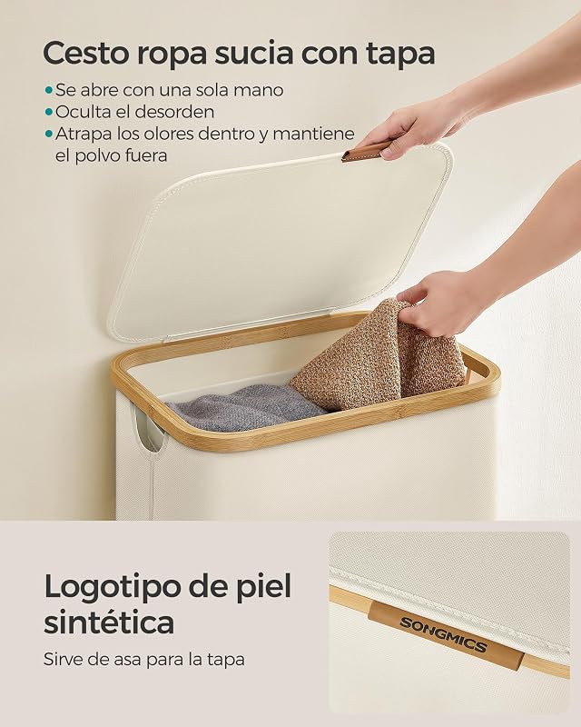 Cesto de roupa com tampa, Cesto Grande de Roupa, 90 L, Forro de Rede Removível, Tecido Oxford, Cabos de Bambu, Dobrável, 42 x 32 x 70,5 cm, Branco Creme LCB509W01