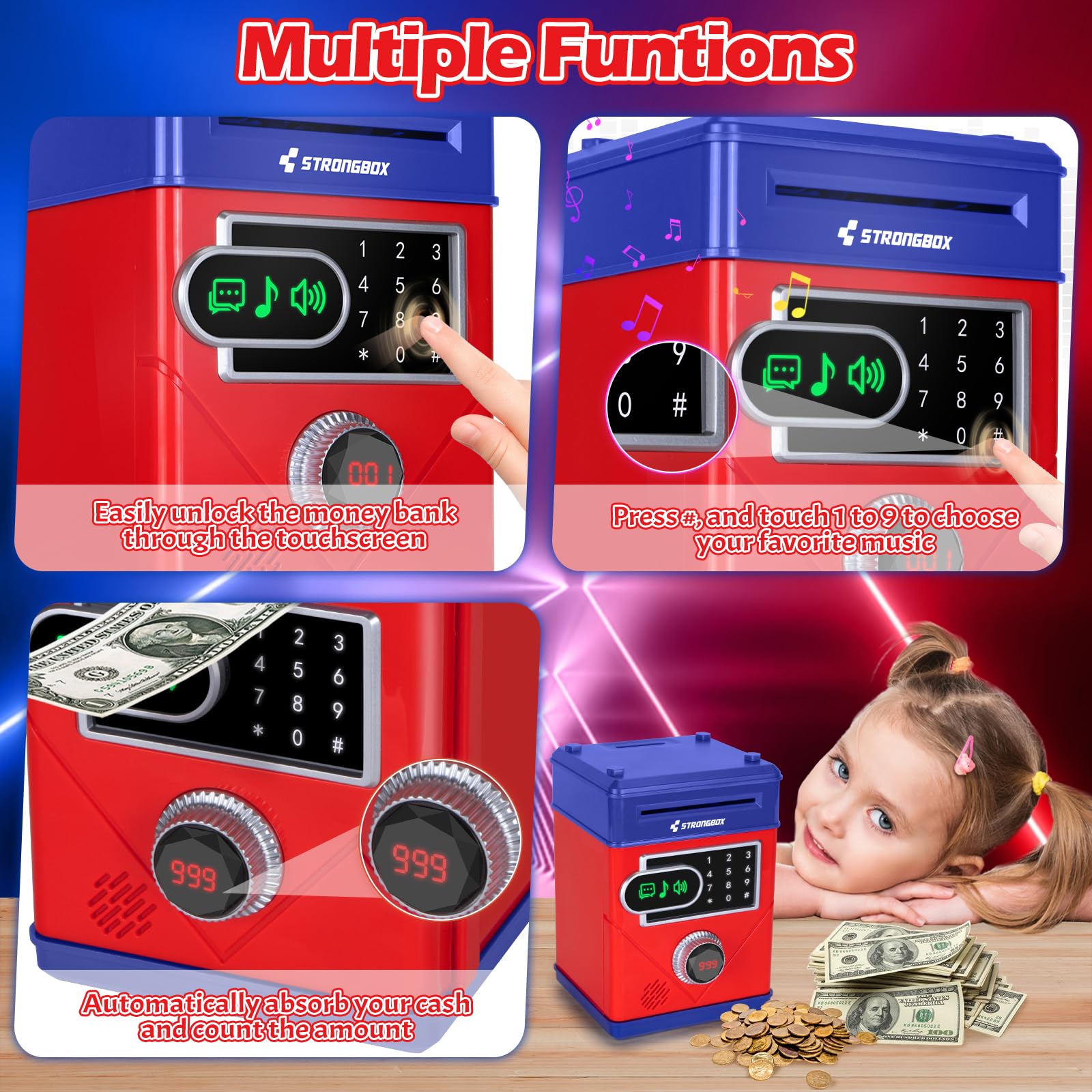 Piggy Bank for Kids, Touchscreen Money Bank Toys for 4 5 6 7 8 9 10 11 12 13 Year Old Boys Gift Ideas, Electronic Money Saving Box for Girls, Birthday Gifts for Boys ATM Machine for Kids
