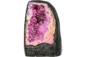 TUMBEELLUWA Irregular Titanium Coated Crystal Geode Stone Decor Natural Rainbow Rock Crystal Cluster Specimen for Home & Office, Fuchsia, Large