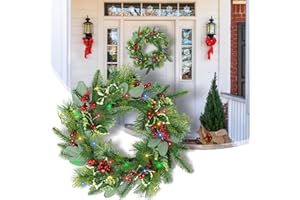KIRSCHBLÜTE Pre-Lit Artificial Christmas Wreath, Green, Wintry Pine, Colorful Lights, Decorated with Pine Cones, Berry Clusters, Frosted Branches, Christmas Collection, 20-24 Inches
