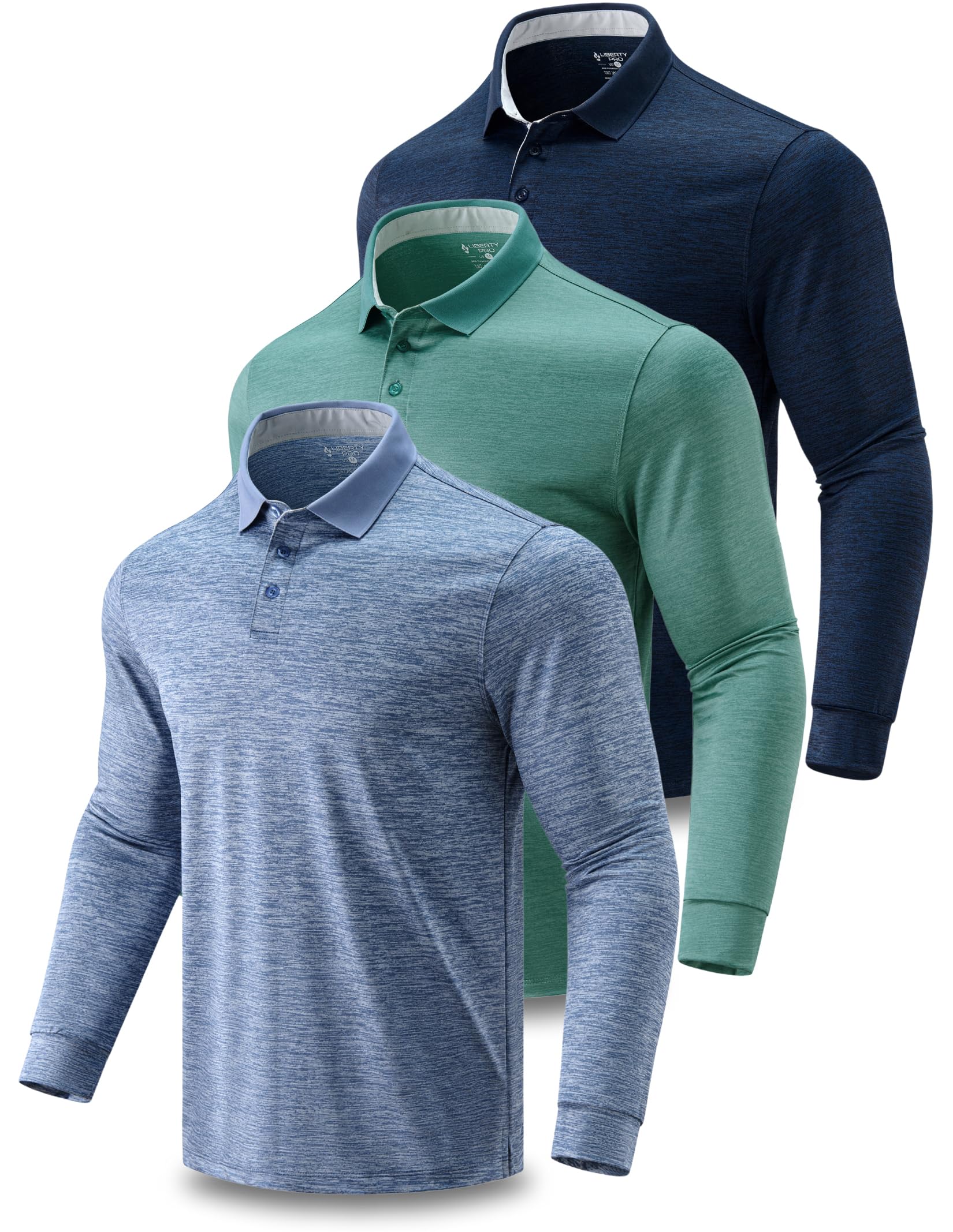 Photo 1 of 3 Pack: Dry Fit Long Sleeve Polo Shirts for Men, Athletic Collared Golf T-Shirts Performance Tops (Set 4, Large)