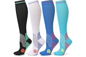 Kickticks 4 Pairs Compression Socks for Woman & Man Unisex 20-30mmHg Knee high Plus Size Wide Calves for Flying Running