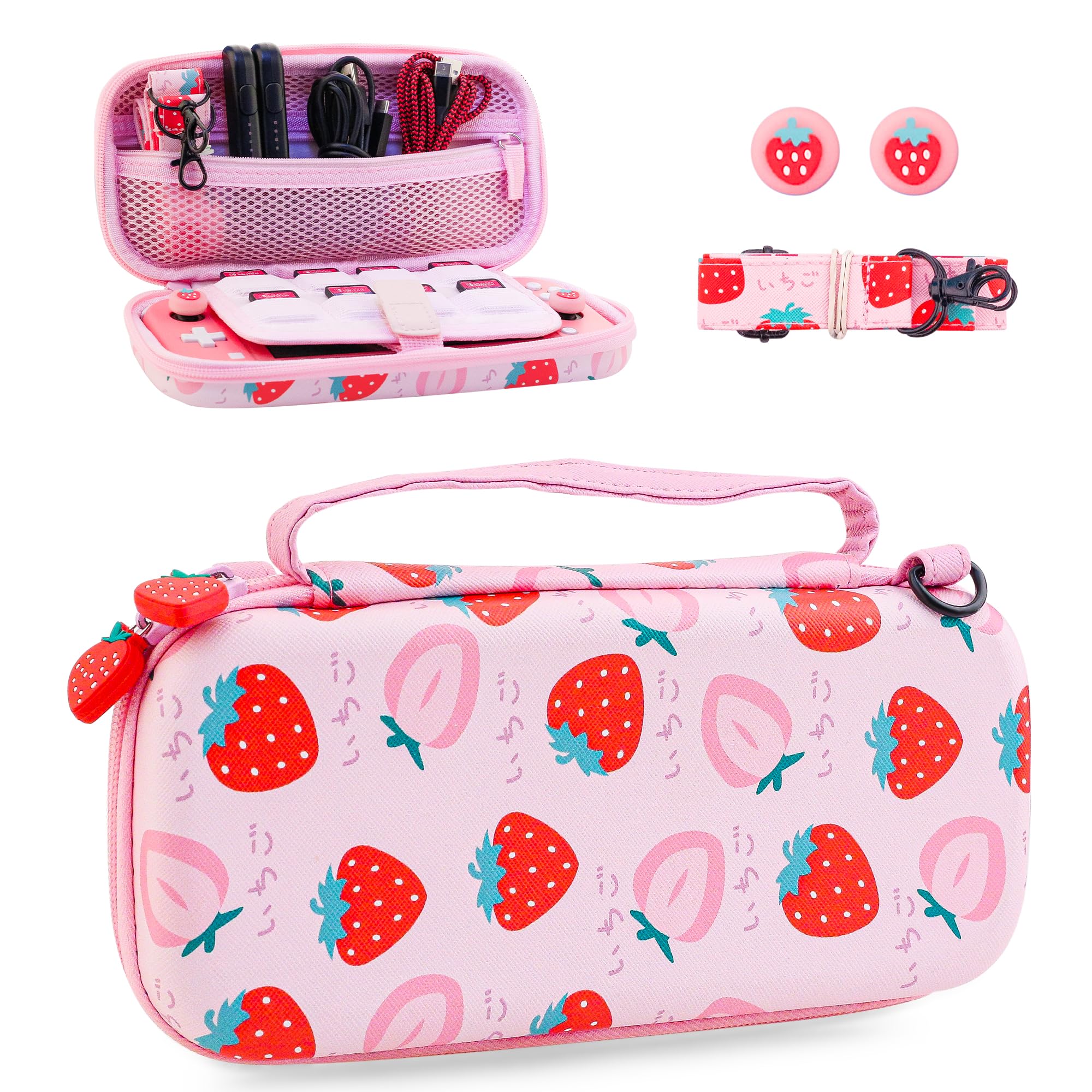 HYPERCASE Strawberry Carrying Case for Nintendo Switch Lite, Portable Accessories Bundle with Pink Switch Lite Storage Bag, Shoulder Strap & 2 Cute Thumb Caps, Built-in 8 Game Card Slots for Girls