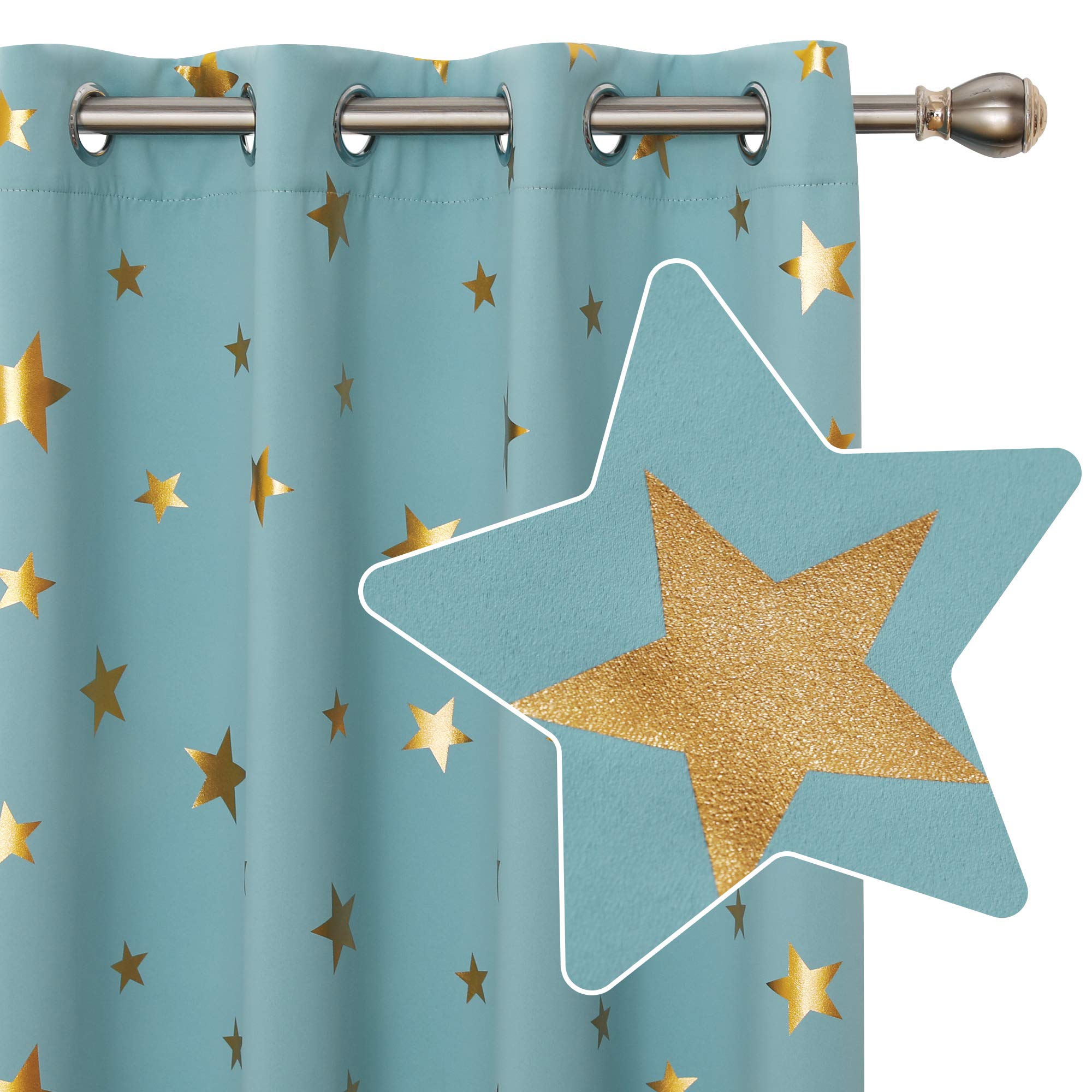 Deconovo Blackout Curtains 46 x 90 Inch, Eyelet Window Curtains, Gold Star Foil Printed Curtains for Bedroom, Sky Blue, 2 Panels