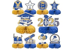 MOORAY 10PCS Graduation Party Decorations Class of 2025 Congrats Grad Table Centerpieces Congratulate Graduation Honeycomb Table Toppers for Graduation Party Supplies(Blue Gold)