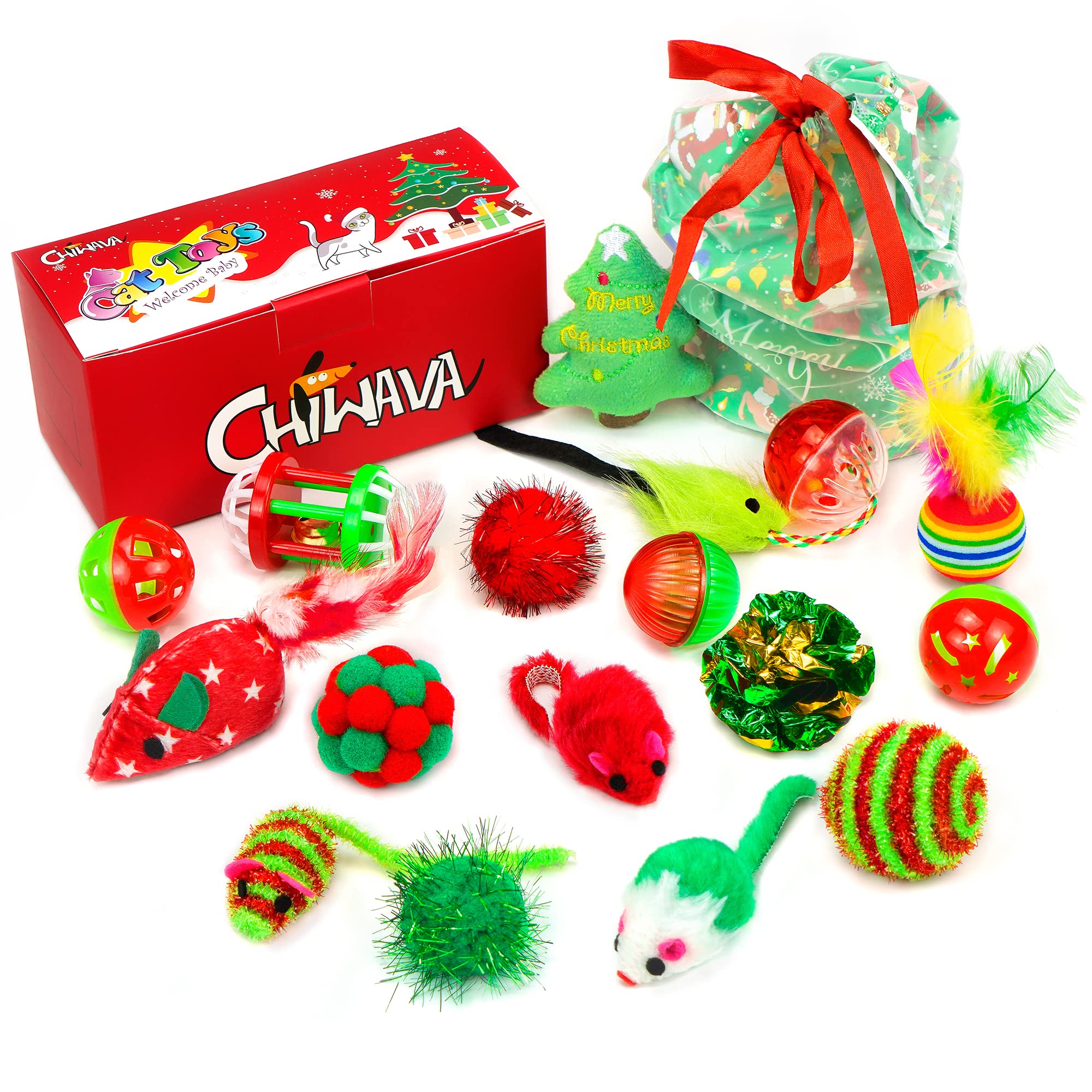 CHIWAVA 17 Pack Christmas Cat Toy Gifts Bag Set Assorted Toys Variety Pack Kitten Interactive Play
