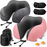 ExploreBliss Travel Pillow, 2 Pack Travel Pillows for Sleeping Airplane, Neck Pillow Airplane, Memory Foam Neck Pillow Set with Eye Mask, Earplugs and Storage Bag -Grey & Pink