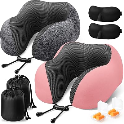 ExploreBliss Travel Pillow, 2 Pack Travel Pillows for Sleeping Airplane, Neck Pillow Airplane, Memory Foam Neck Pillow Set with Eye Mask, Earplugs and Storage Bag -Grey & Pink