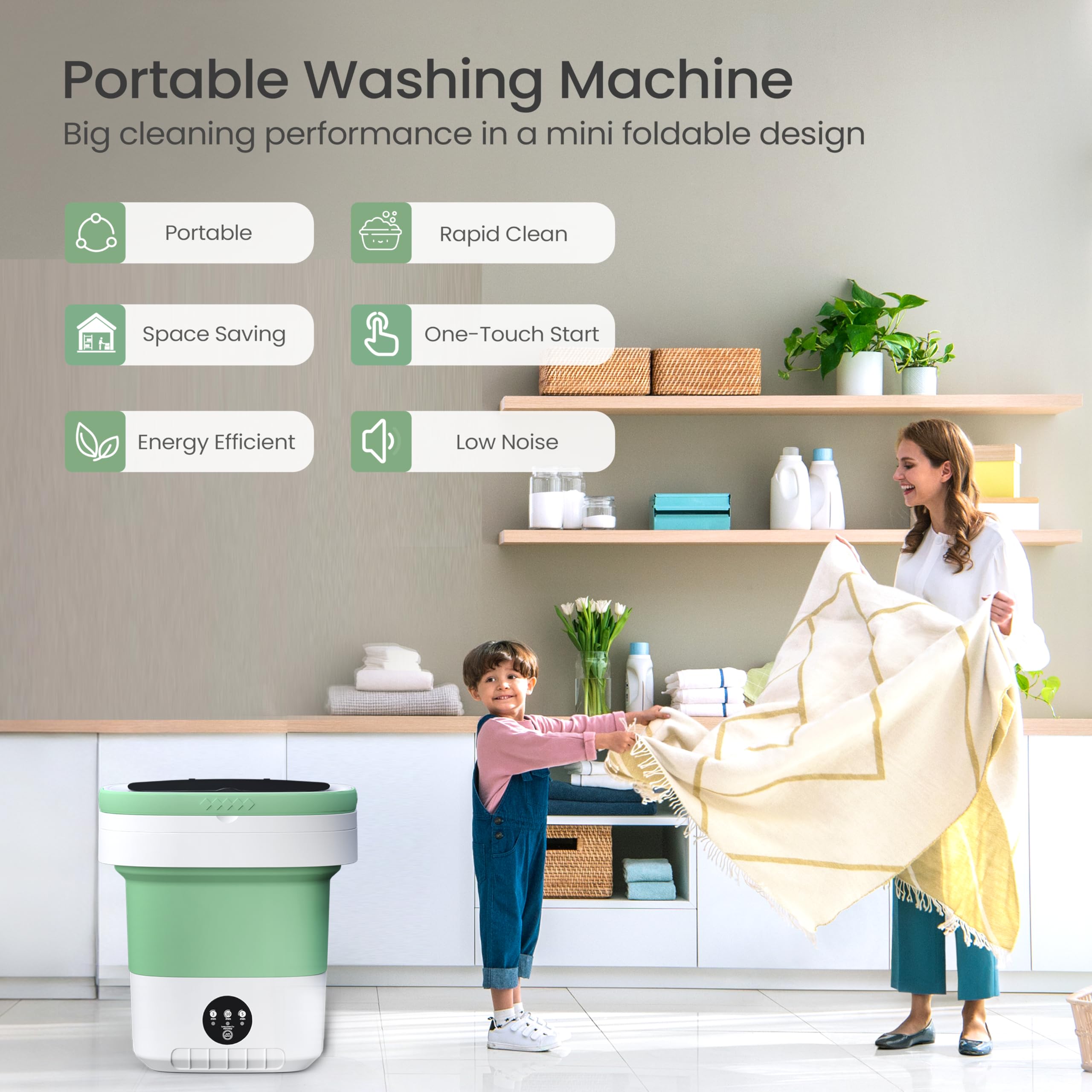 Portable Washing Machine - 16L Mini Foldable Washer with Spin Basket, 3 Cleaning Modes & Deep Cleaning for Small Clothes, Collapsible Laundry for Apartment, Home, Hotel and Travel (Green)