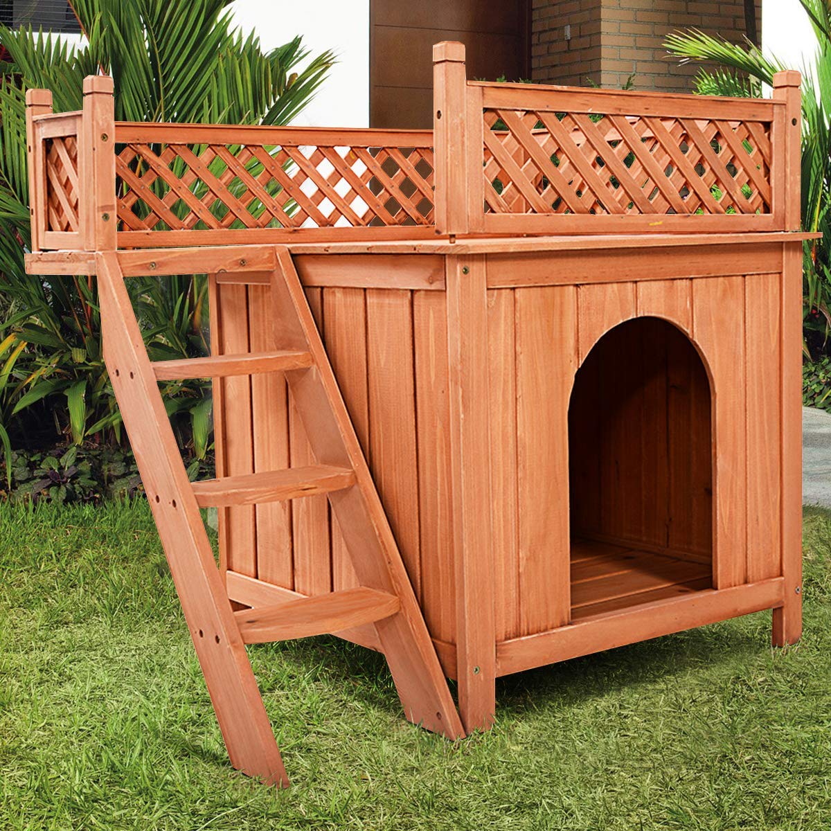 Petsite Wooden Pet Dog House, Dog Room Shelter with Stairs, Puppy House