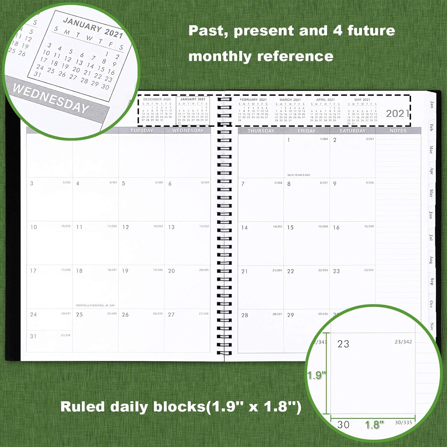 2021 Monthly Planner - 12-Month Planner with Tabs & Pocket & Label, Contacts and Passwords, 8.5" x 11", Thick Paper, Jan. - Dec. 2021, Twin-Wire Binding - Black by Artfan : Office Products