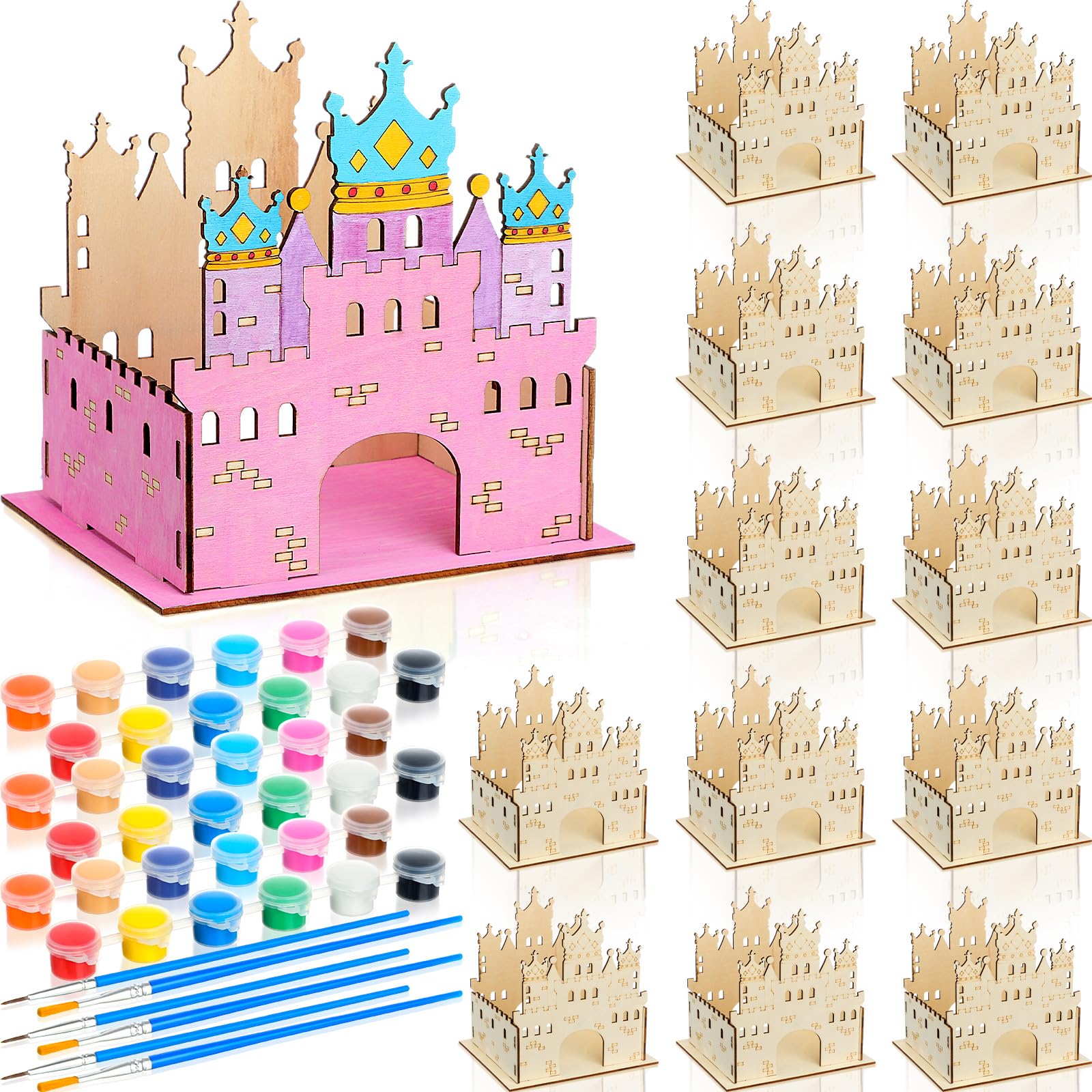 Photo 1 of DoubleFill 12 Sets DIY Wooden Castle Crafts for Kids Princess Party Favors with Paint Brushes and 12 Colors Acrylic Paint Cardboard Castle for Kids to Color Girls Princess Birthday Party