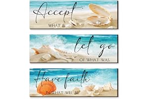 MAITYS 3 Pieces Ocean Inspirational Wooden Wall Decors Accept Let Go Have Faith Quotes Motivational Bedroom Hanging Decor Seashell Starfish Wooden Sign for Bathroom Washroom Bedroom (11 x 3.5 x 0.2 Inch)