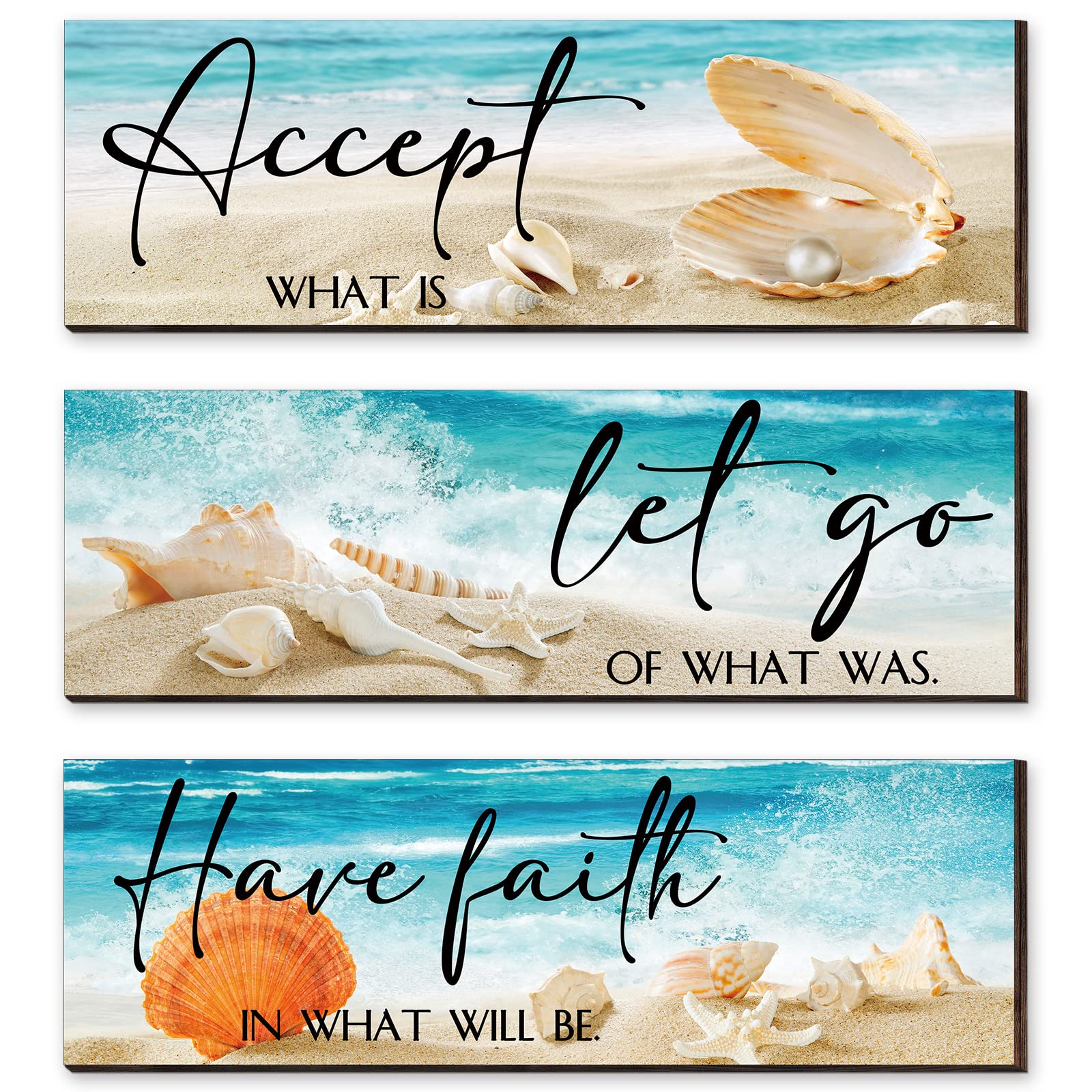 Photo 1 of 3 Pieces Ocean Inspirational Wooden Wall Decors Accept Let Go Have Faith Quotes Motivational Bedroom Hanging Decor Seashell Starfish Wooden Sign for Bathroom Washroom Bedroom (11 x 3.5 x 0.2 Inch)