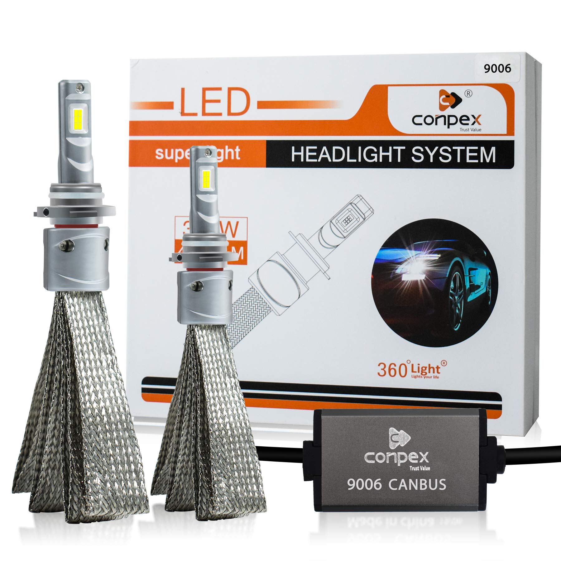 360° Light 9006 LED Headlight Bulbs Conversion Kit Anti Flicker with Hi/Lo Beam, 10000LM, 6000K Xenon Cool White with 2-year Warranty