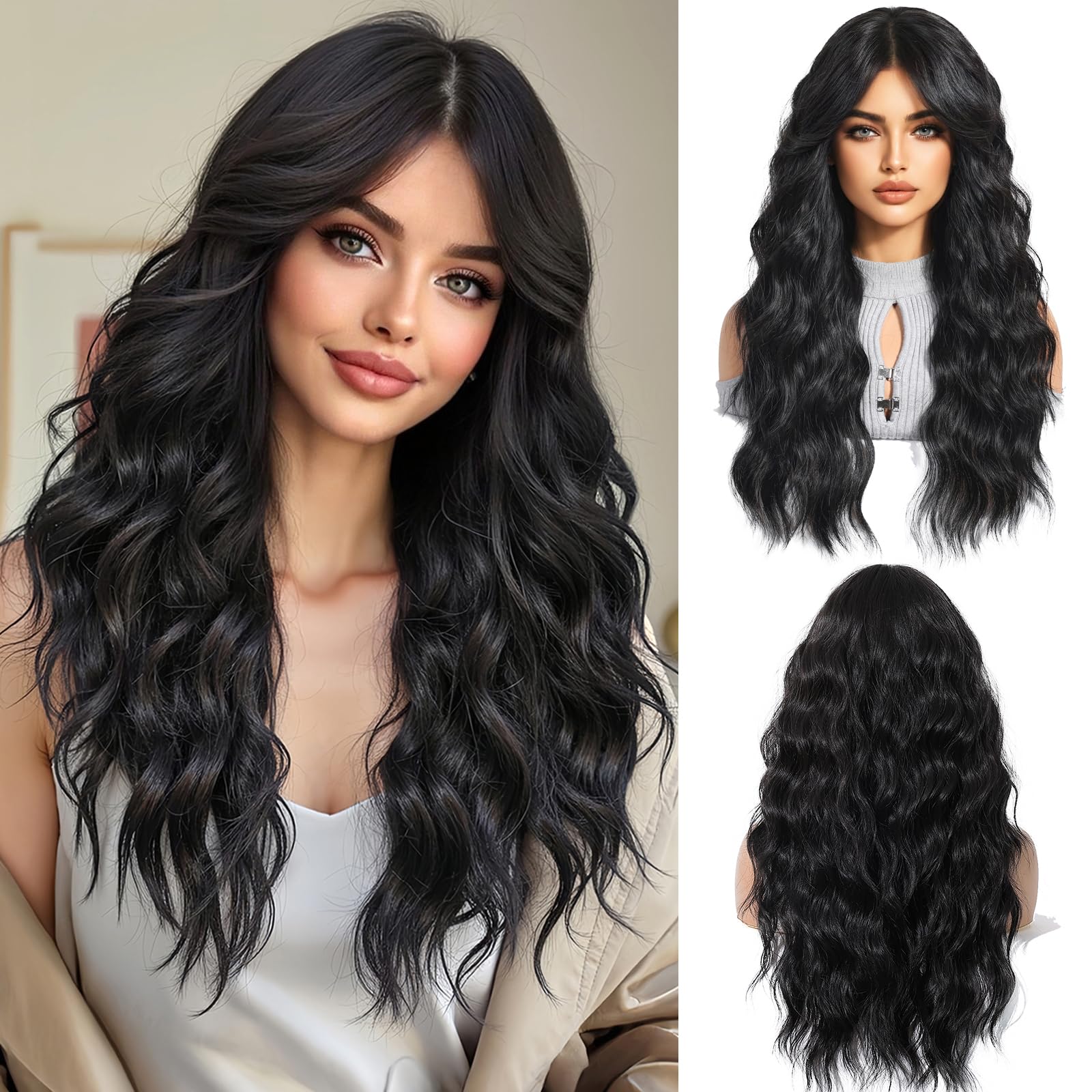 OUFEI Black Brown Long Wavy Wig for Women with Curtain Bangs Natural Curly Synthetic Hair Heat Resistant Wigs for Daily Party Cosplay Wear — image 1