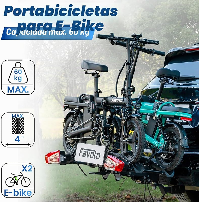 Portabicicletas E-Bike con Rampa Plegable – Soporte de Bola para 2 Bicis (60kg), Aluminio, Antirrobo, Luces 13 Pines y Soporte Matrícula