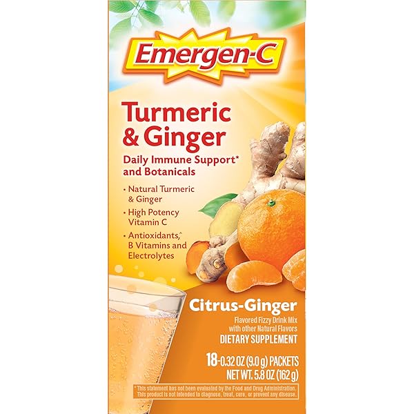 EMERGEN-C CITRUS-GINGER FIZZY DRINK MIX, TURMERIC AND GINGER, IMMUNE SUPPORT, NATURAL FLAVORS WITH HIGH POTENCY VITAMIN C, 18 COUNT