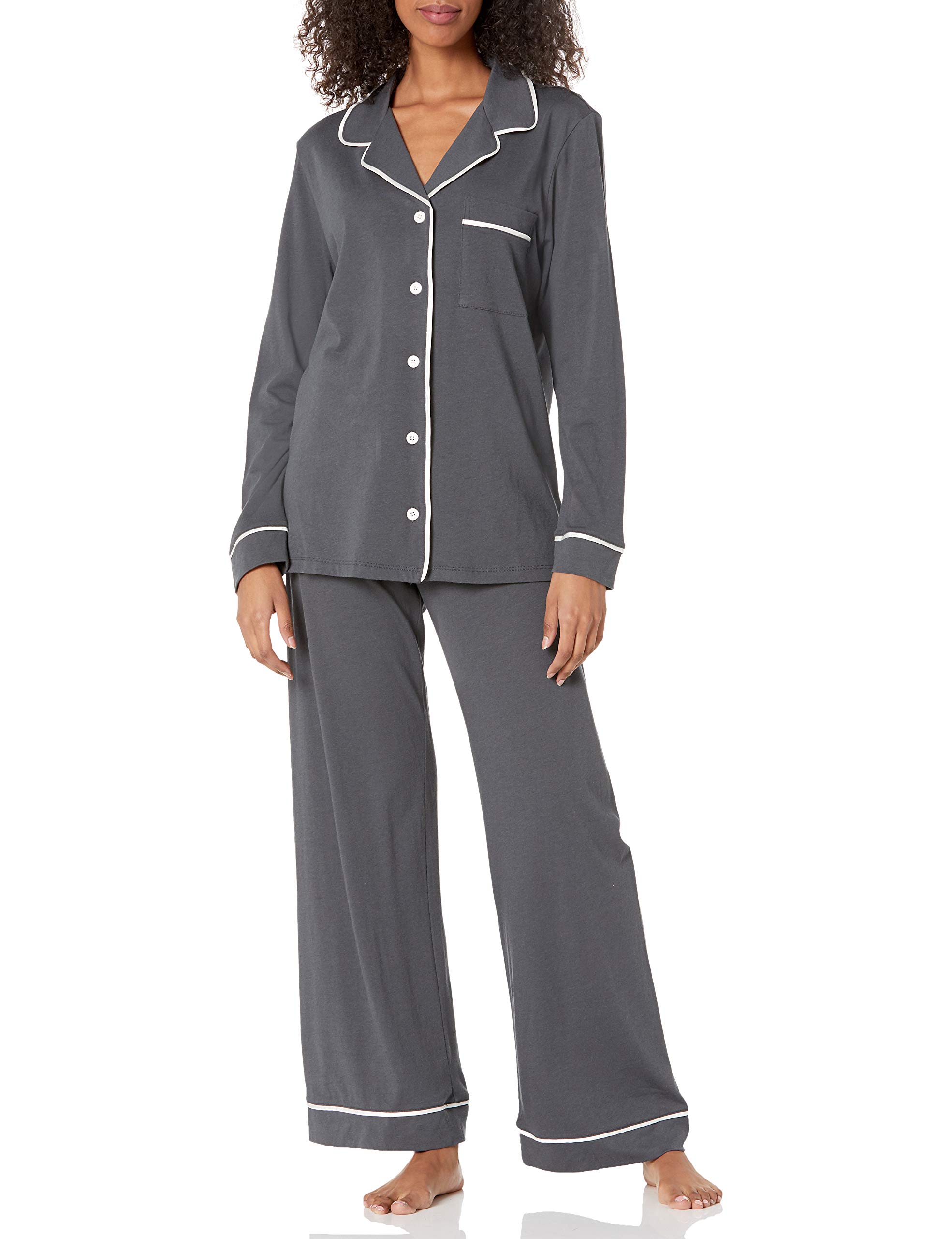 Cosabella Women’s Bella Relaxed Long Sleeve Top & Pants Pajama Set, Anthracite/Ivory, 1X Plus