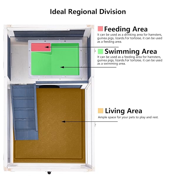 BIRASIL WOOD TORTOISE ENCLOSURE WITH ADJUSTABLE LIGHT STAND,2-TIER HABITAT REPTILE CAGE WITH SWIMMING AREA FEEDING AREA, TORTOISES HOUSE FOR SMALL ANIMALS LIZARDS HAMSTER (GRAY/WHITE)