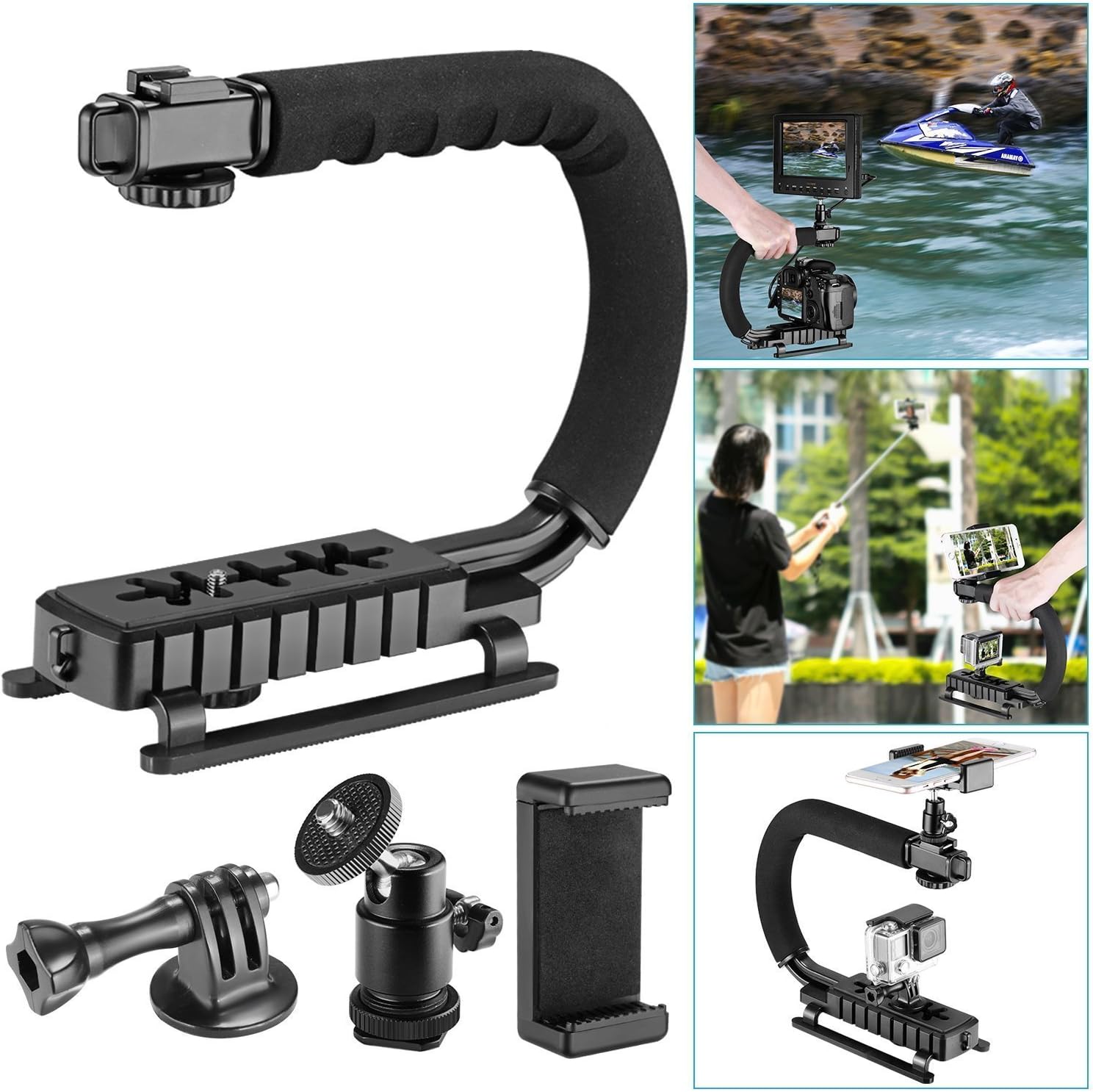 Followsun 4-in-1 C-Shape Rig Handheld Stabilizer for Low Position Shooting for Smartphone Action Camera Camcorder DSLR, Compatible with Nikon Canon Sony GoPro SJCAM Garmin Virb XE iPhone Samsung