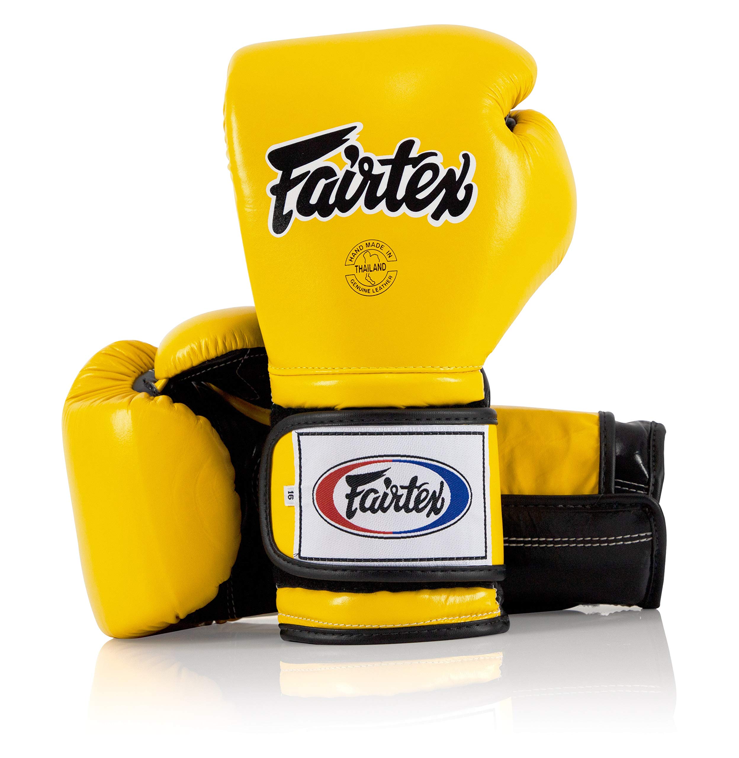 Guantes de boxeo de Fairtex Muay Thai BGV9 - Guantes de entrenamiento de estilo mexicano de bateador pesado y guantes de combate para Kick Boxing MMA K1 (tubería amarilla/negra/negra, 12 oz)