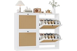Anmytek Large Natural Rattan Shoe Storage Cabinet with 4 Flip Drawers, Freestanding Shoe Storage Cabinet with Adjustable Shelf, Narrow Shoe Cabinet Organizer for Entryway, Hallway, Living Room