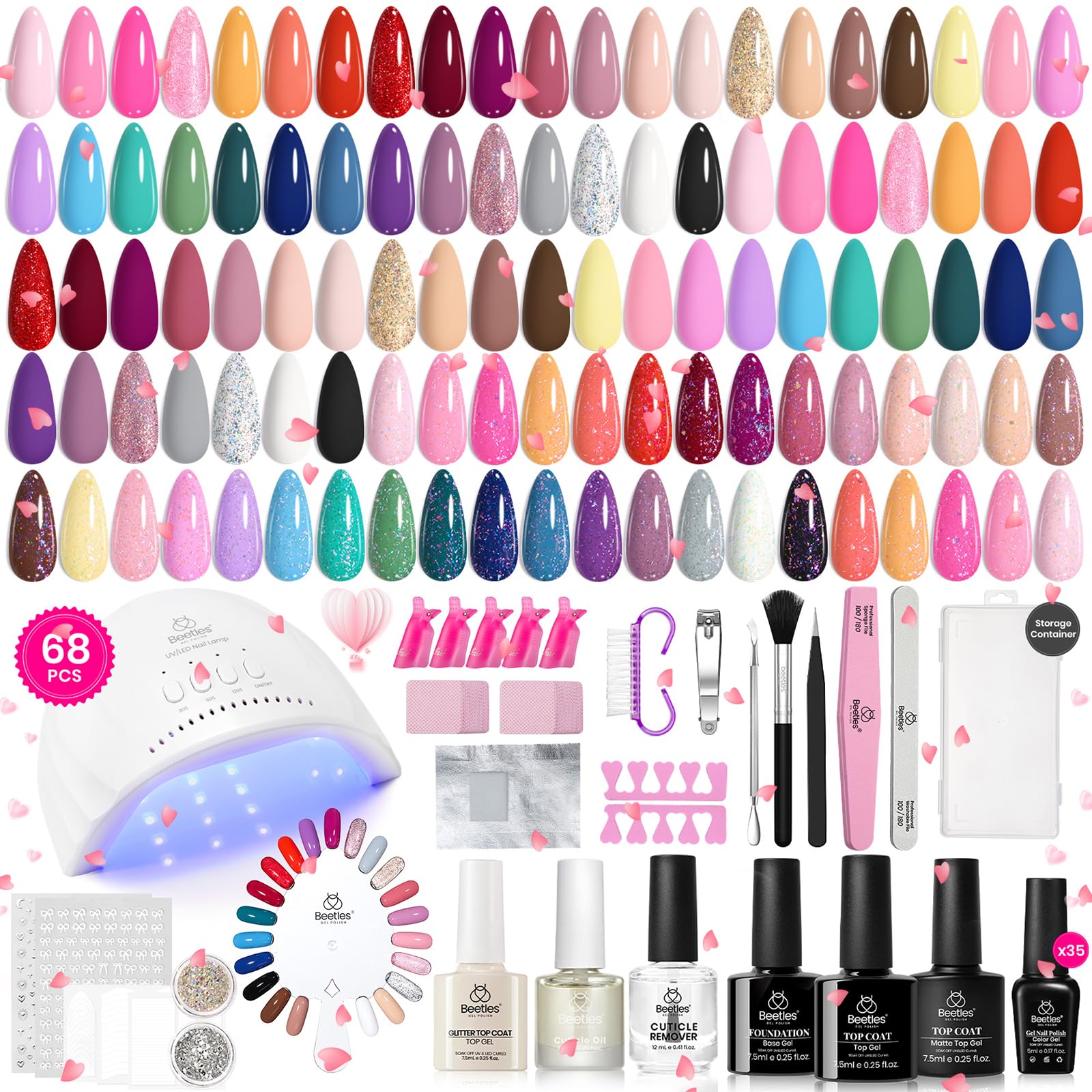 Beetles Gel Nail Polish Kit with U V Light - 68 Pcs Set 35 Colours Pink Glitter Nude Gray Gel Polish with Base and Matte&Glossy Top Coat Vivid Seasons Manicure Art Tools Gifts