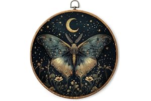 AYQJCBGC Vintage Moon Moth Round Framed Wall Art, Cottagecore Retro Canvas Wall Decor, Dark Academia Framed Prints Hanging De